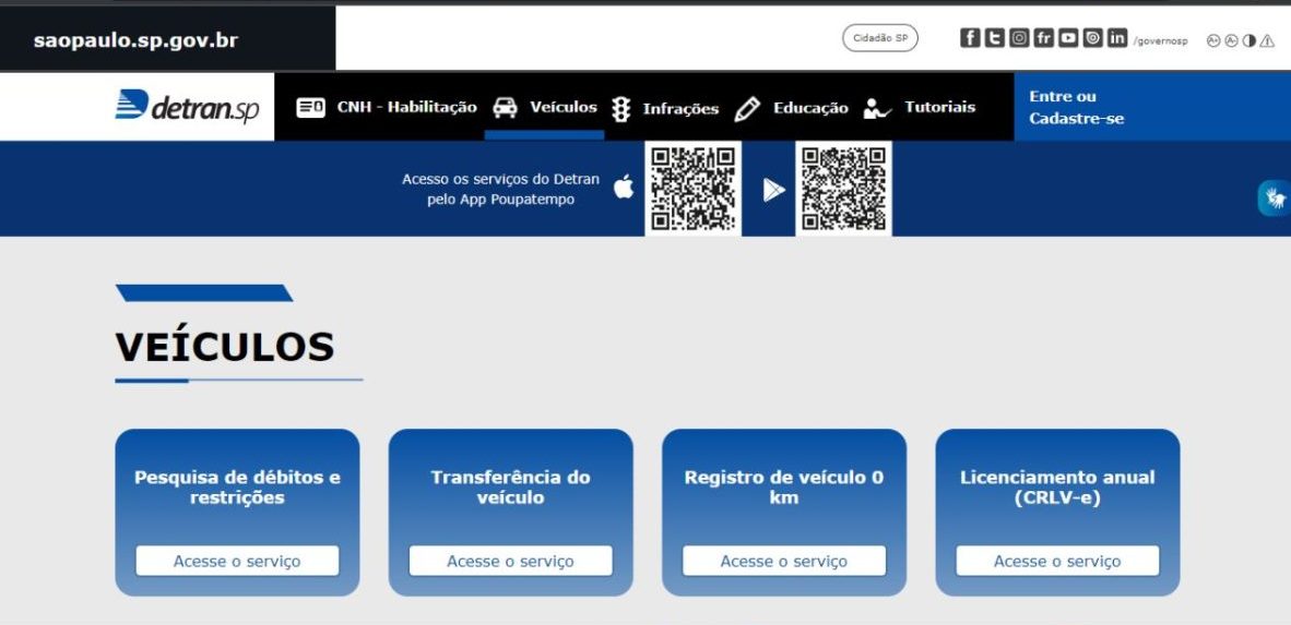 Captura de tela do site oficial do Detran de São Paulo